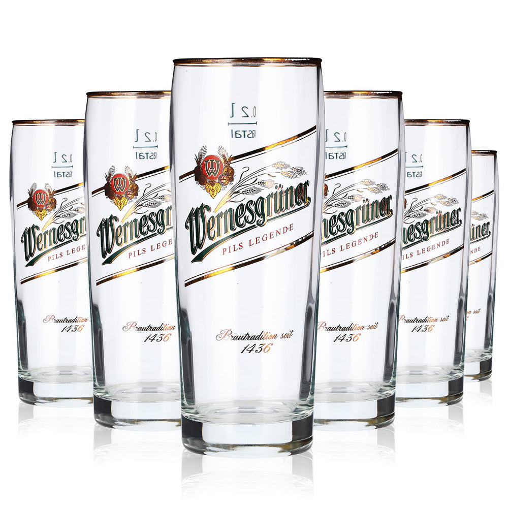 6 bicchieri da birra Wernesgrüner da 0,2 l con bordo dorato, modello Rastal