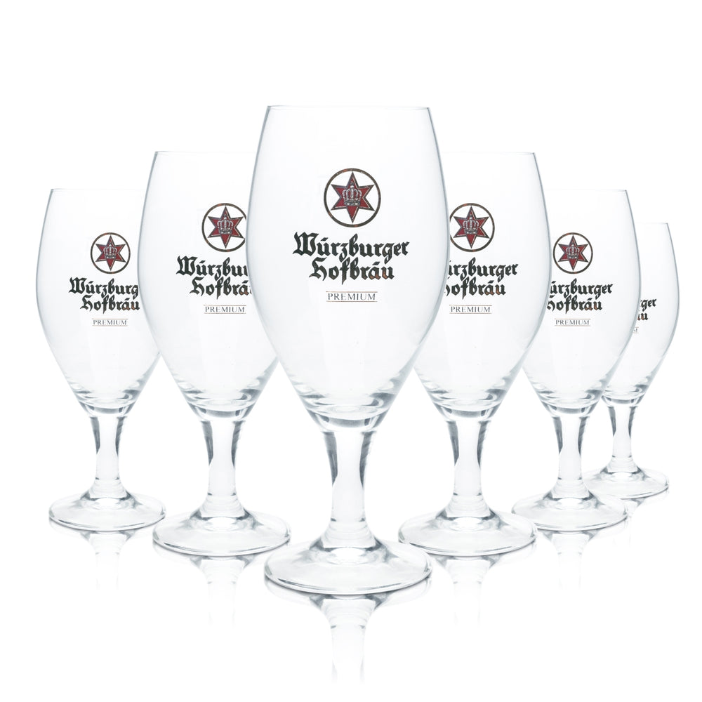 6 bicchieri da birra Würzburger Hofbräu 0,4 l, forma a tulipano, vetro, birra Pils, birrificio, gastronomia