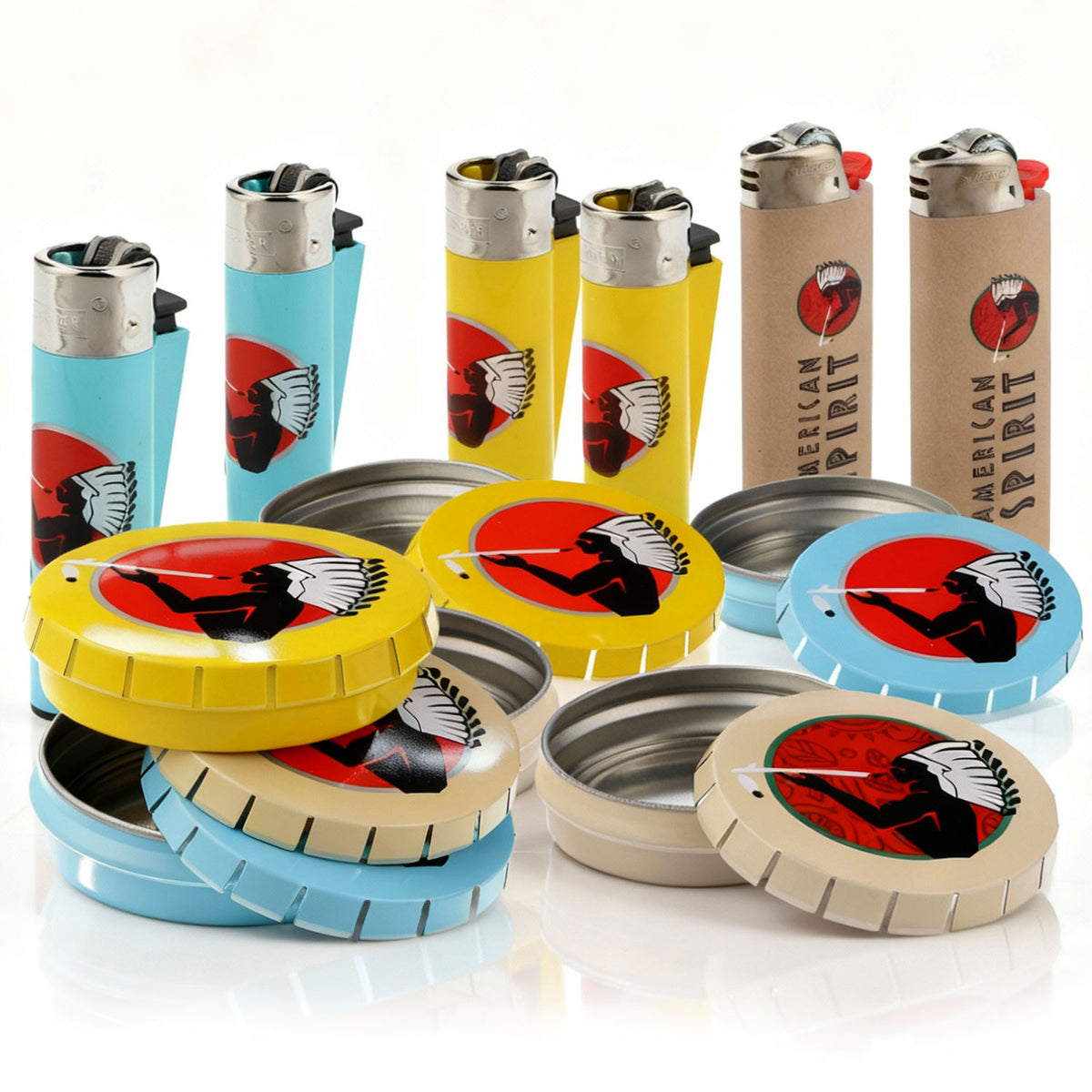 American Spirit Smoker Bundle Set composto da 4 accendini Clipper, 2 accendini Bic e 6 posacenere