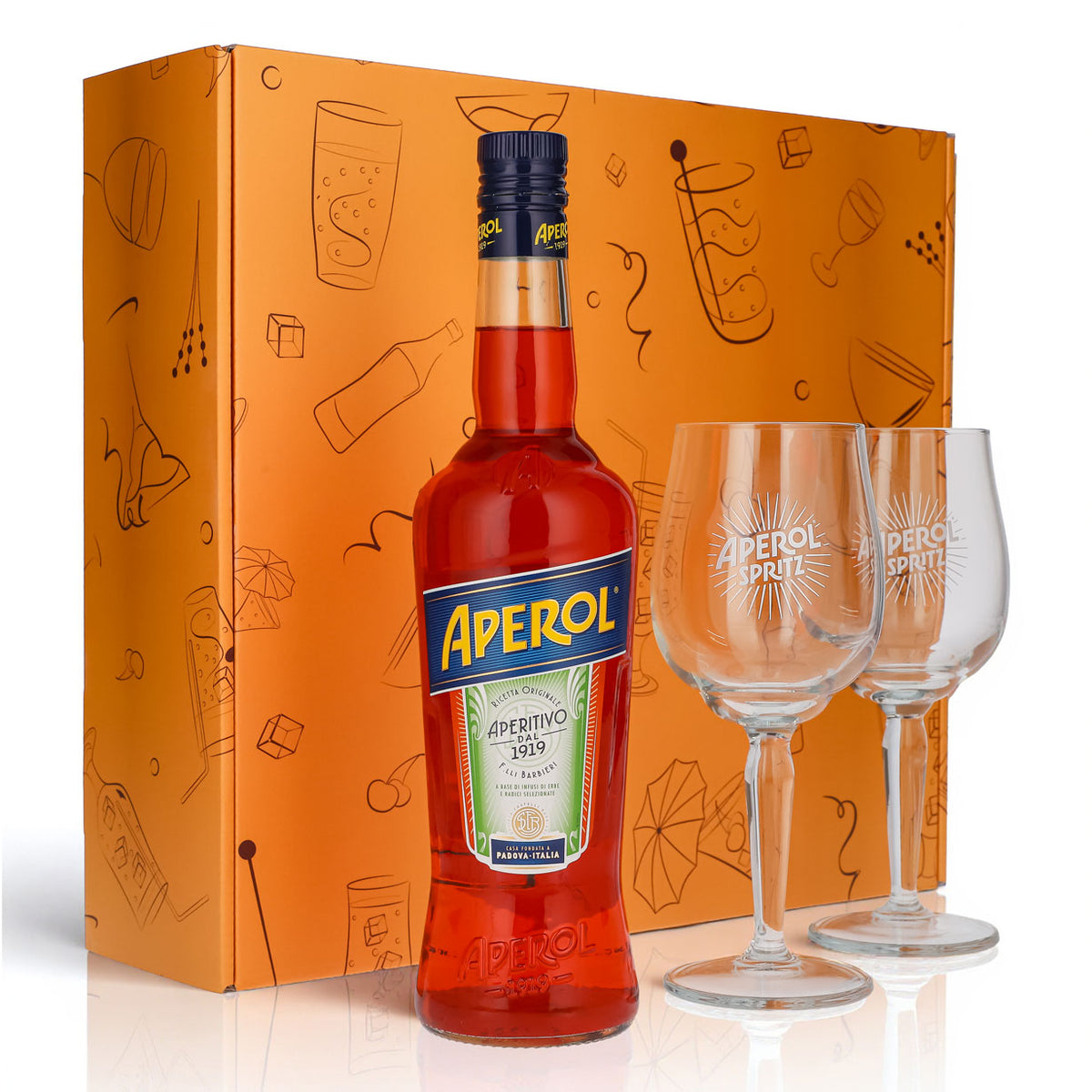Aperol Spritz Geschenkset 0,7l Flasche 11 % Vol. + Signature Spritz Gläser–Orange