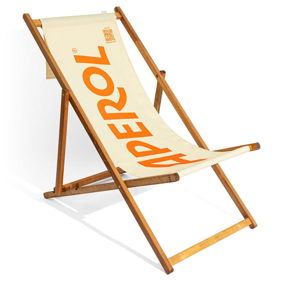 Sedia a sdraio Aperol Spritz Sedia da spiaggia Sedia da terrazza Struttura in legno bianco Scritta Liquore