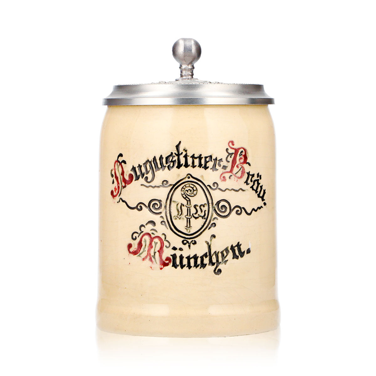 Bicchiere da birra Augustiner, boccale in terracotta da 0,4 l con coperchio in stagno, rilievo "Monaco di Baviera", terracotta originale – Vista 2