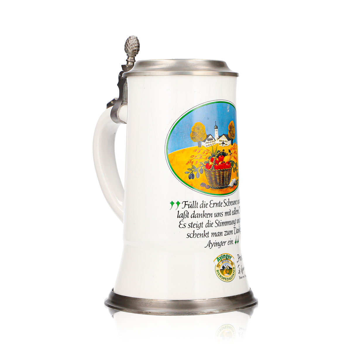 Bicchiere da birra Ayinger, boccale in terracotta da 0,84 l con coperchio in stagno, motivo “Raccolto”, terracotta – Vista 2