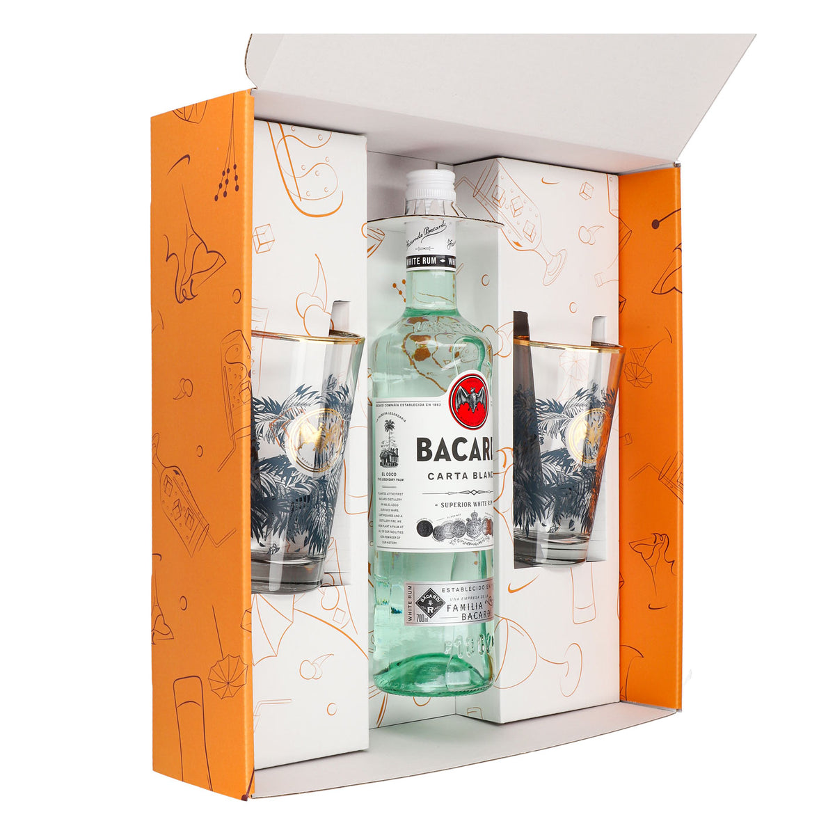Bacardi Rum Geschenkset 0,7l Flasche 37,5 % Vol. + Longdrink Gläser Goldrand–orange – Ansicht 2