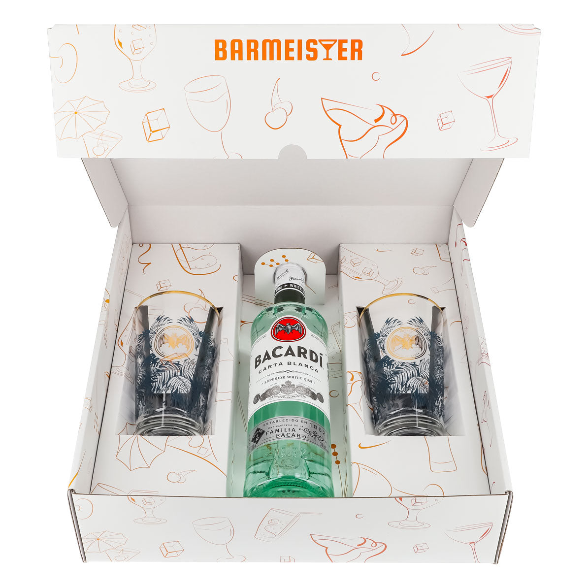 Bacardi Rum Geschenkset 0,7l Flasche 37,5 % Vol. + Longdrink Gläser Goldrand–weiß – Ansicht 2