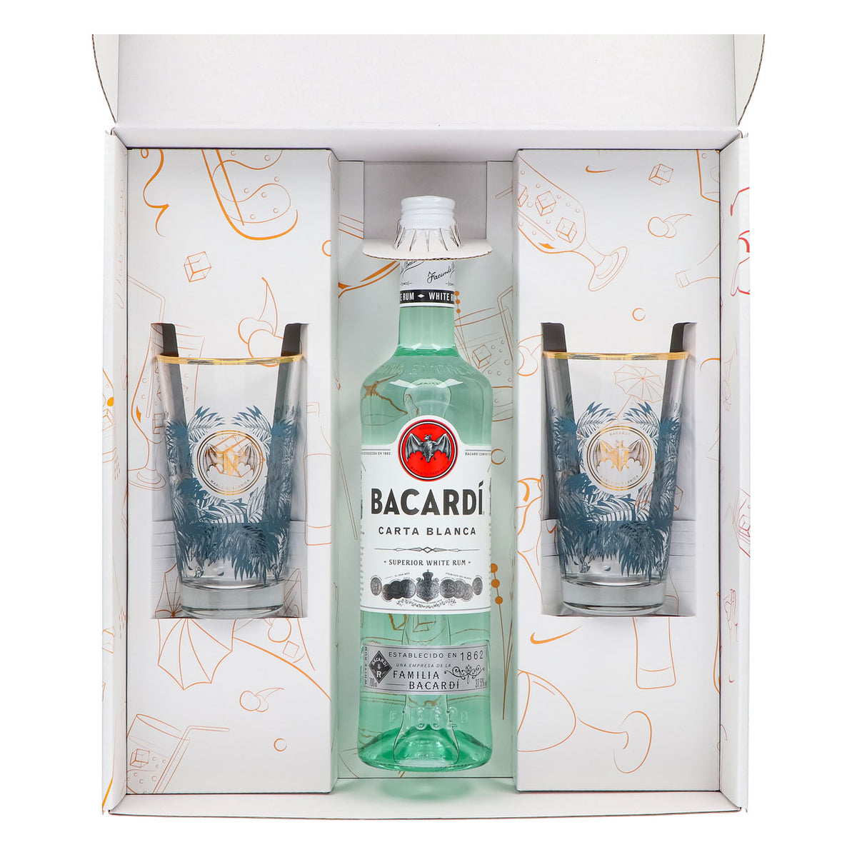 Bacardi Rum Geschenkset 0,7l Flasche 37,5 % Vol. + Longdrink Gläser Goldrand–weiß – Ansicht 3