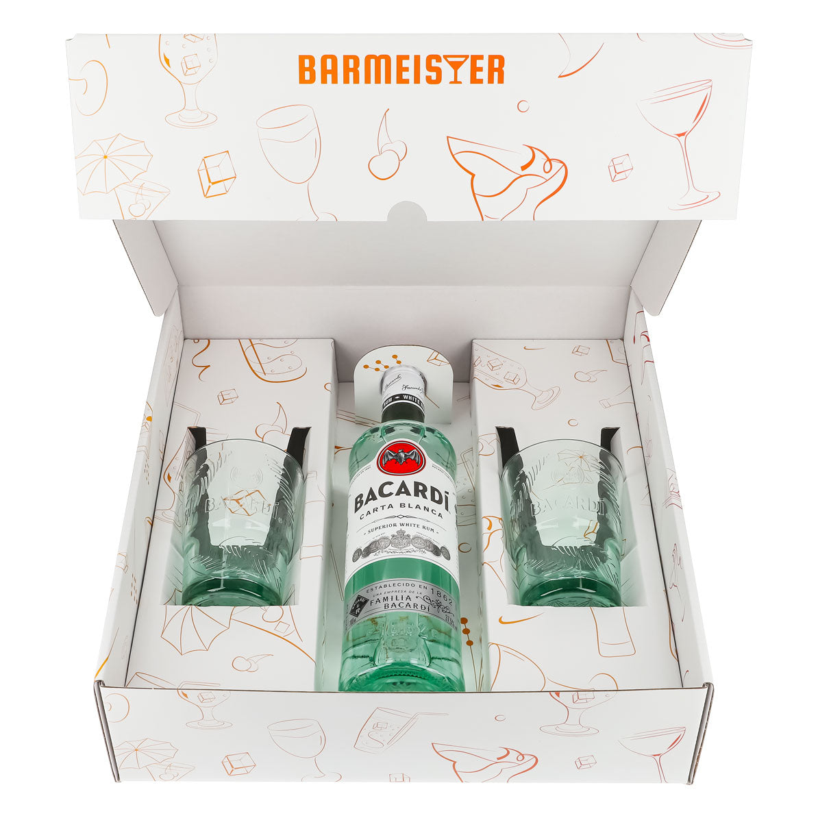 Bacardi Rum Geschenkset 0,7l Flasche 37,5 % Vol. + Longdrink Gläser Palme–weiß – Ansicht 2