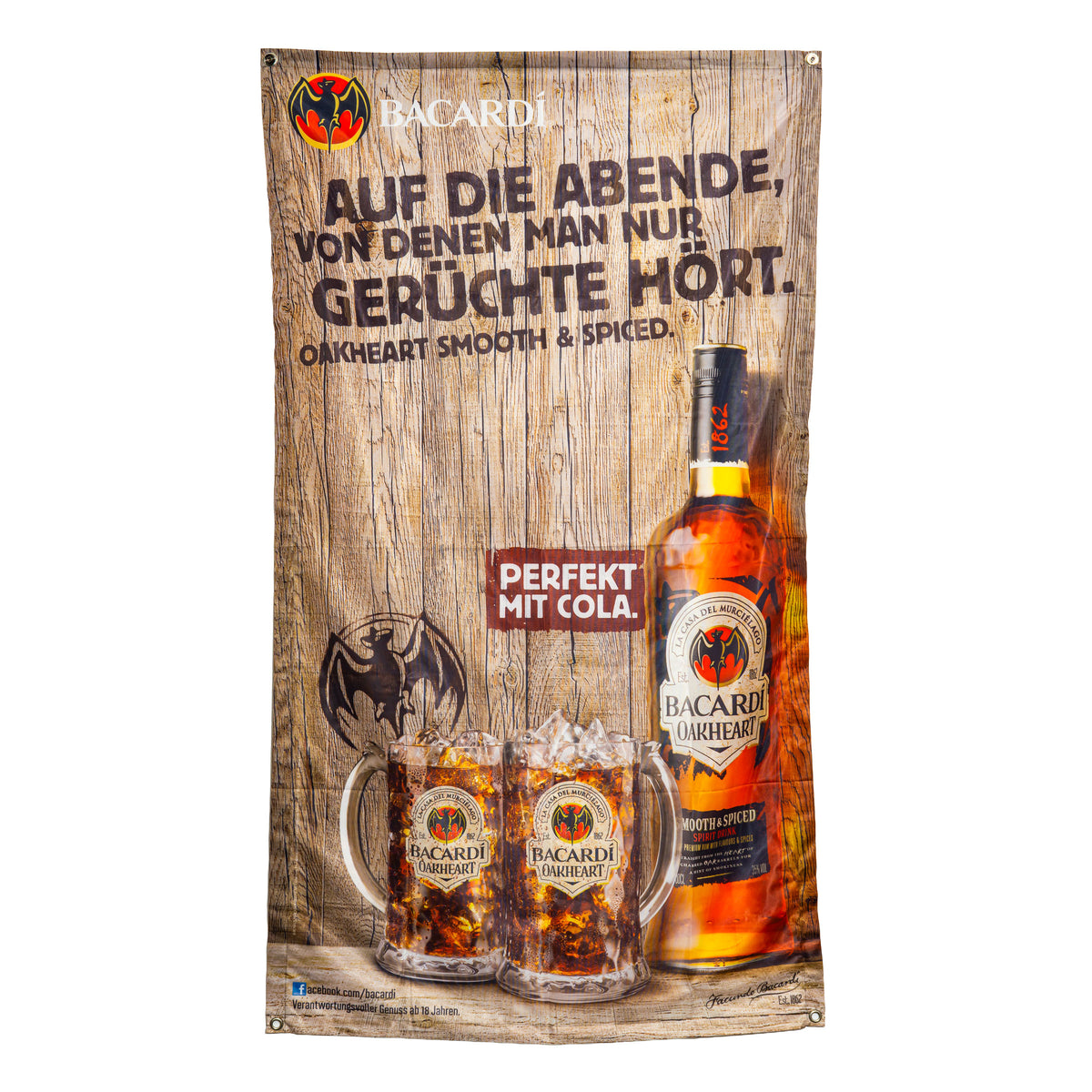 Striscione in poliestere con il logo del rum Bacardi e la bandiera Oakheart, 125x220 cm