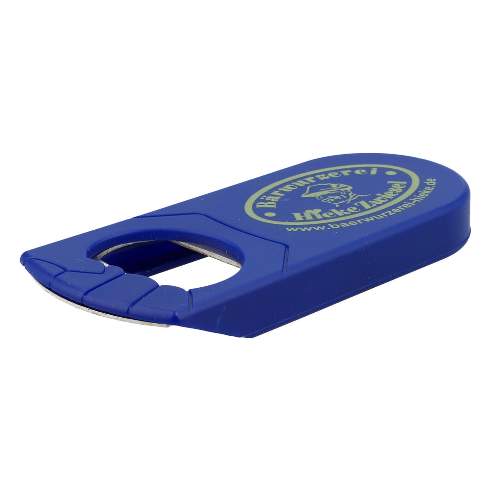 Bärwurzerei Hieke Zwiesel: apribottiglie per liquore con estrattore di capsule, blu con logo giallo