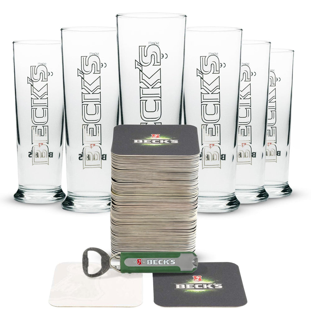 Set Beck's Beer Bar I composto da 6 bicchieri da birra, sottobicchieri e apribottiglie