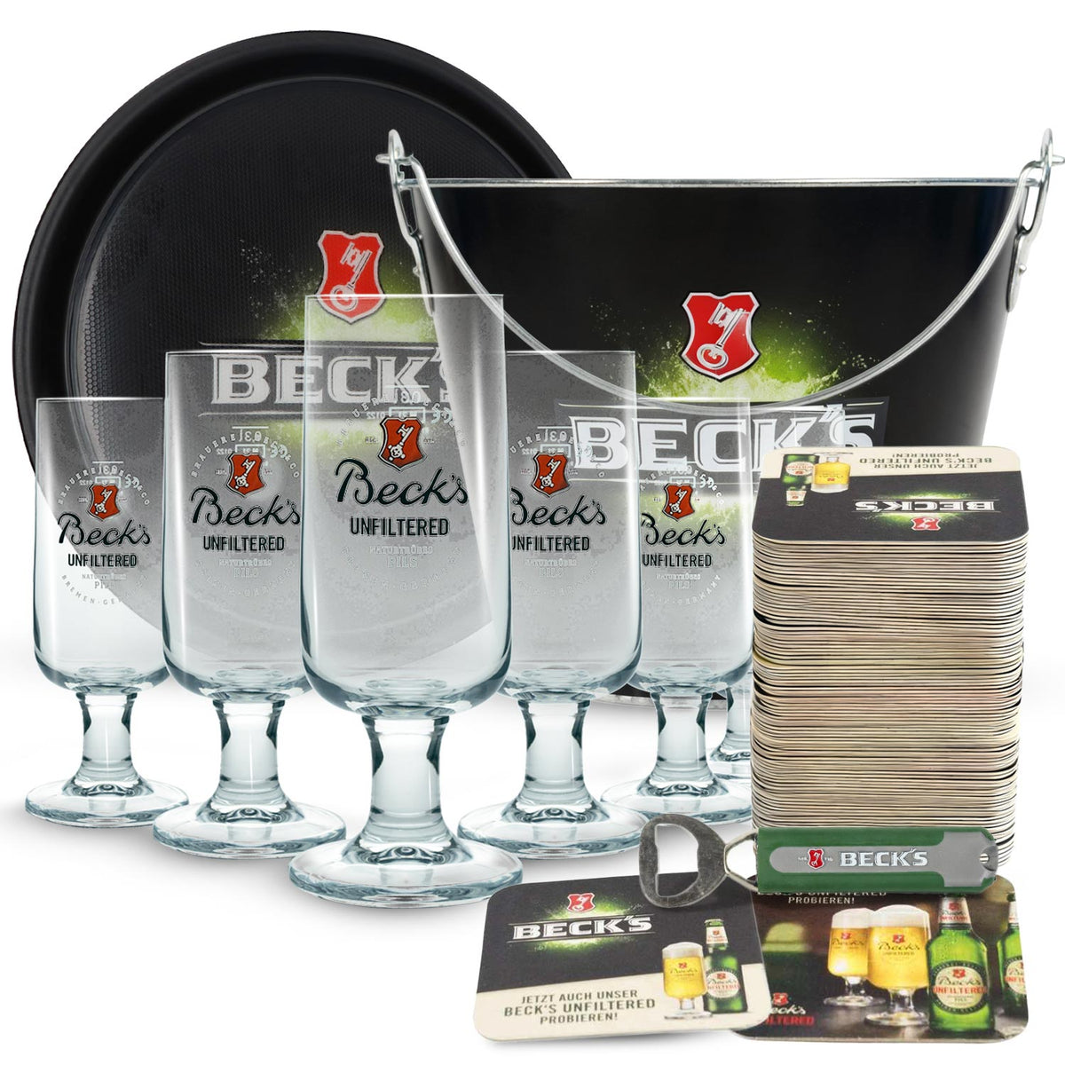 Set Beck's Beer Bar I composto da 6 bicchieri da birra, sottobicchieri, raffredda bottiglie, apribottiglie e vassoio