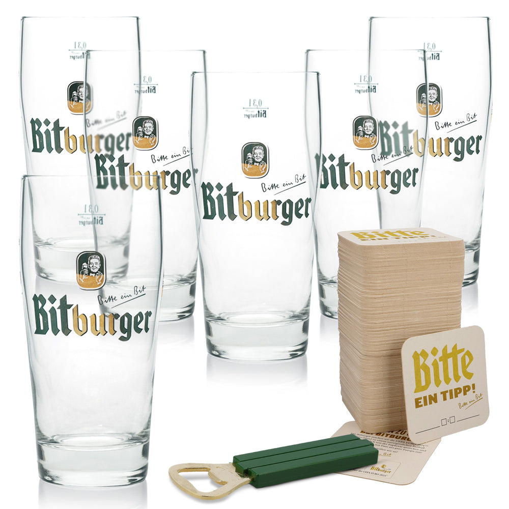 Set da bar Bitburger Bier composto da 6 bicchieri Willigläser, 1 apribottiglie e sottobicchieri