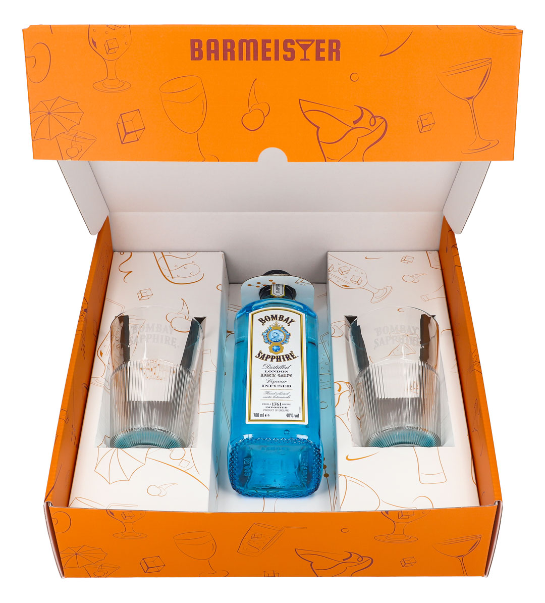 Bombay Sapphire Gin Set Regalo Bottiglia 0,7l 40% Vol. + 2 Bicchieri Longdrink a Rilievo l Arancione – Vista 2