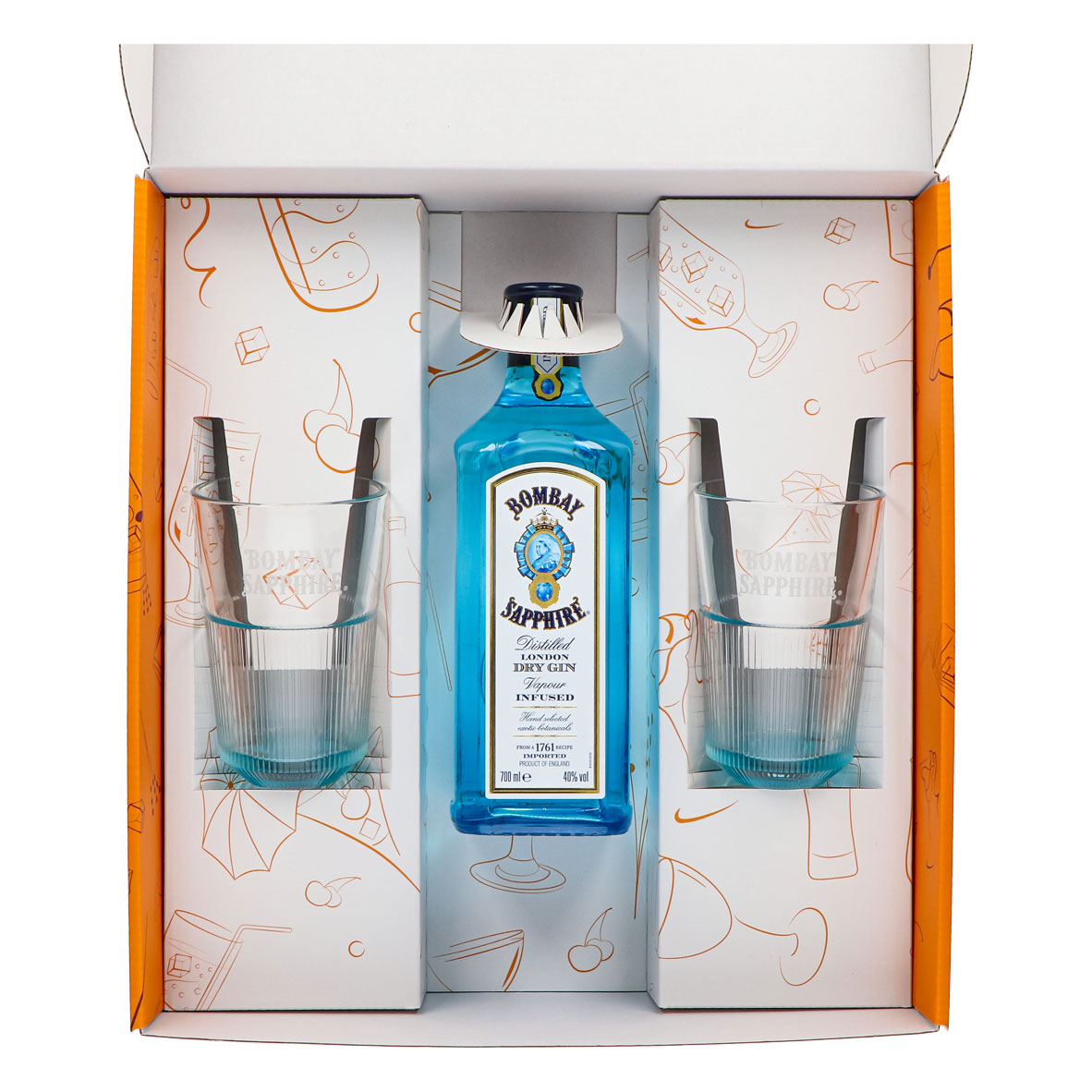 Bombay Sapphire Gin Set Regalo Bottiglia 0,7l 40% Vol. + 2 Bicchieri Longdrink a Rilievo l Arancione – Vista 3