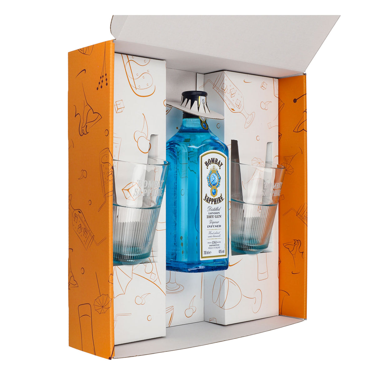 Bombay Sapphire Gin Set Regalo Bottiglia 0,7l 40% Vol. + 2 Bicchieri Longdrink a Rilievo l Arancione – Vista 4