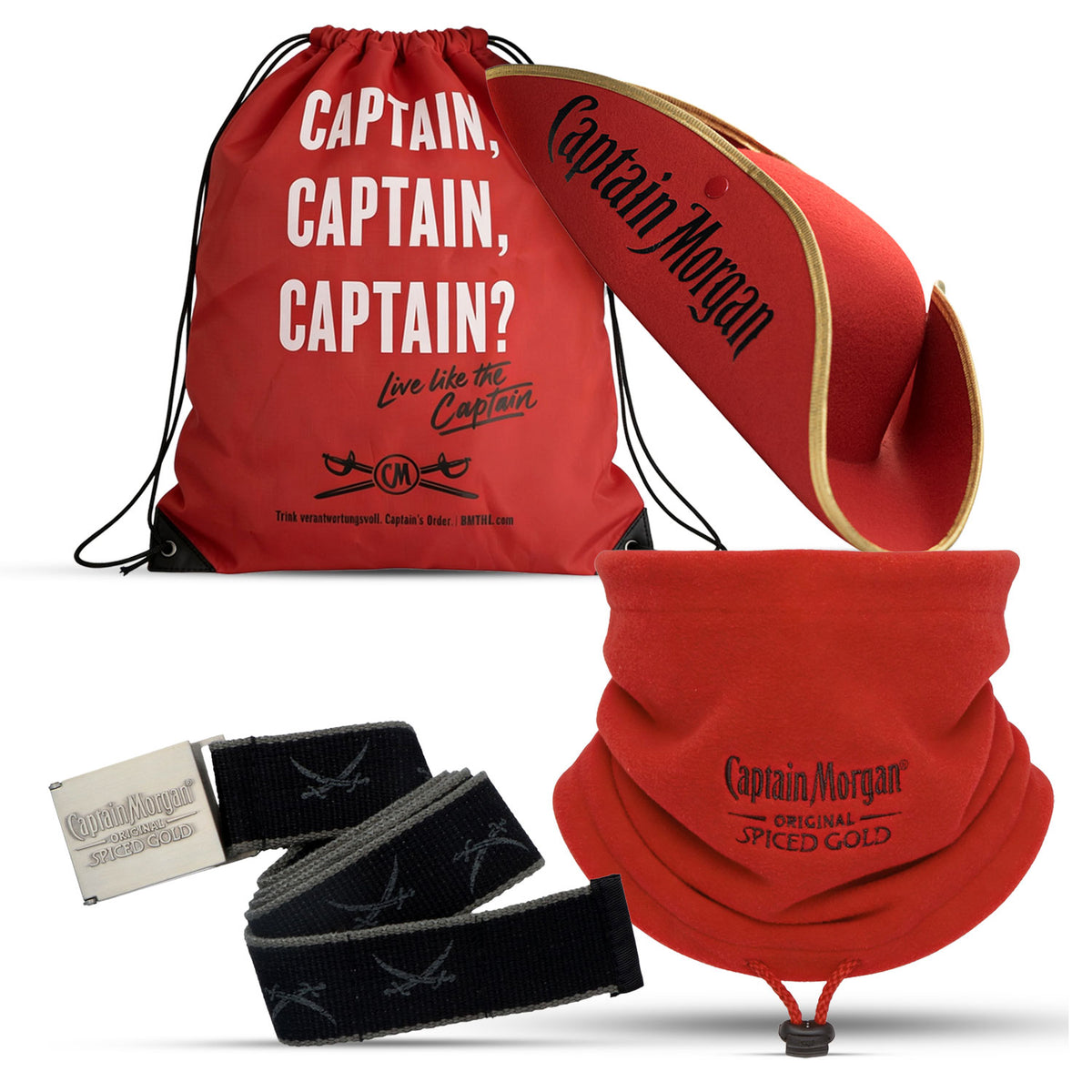 Captain Morgan Bar Bundle Set III composto da sciarpa, cintura, borsa di iuta e cappellino da festa