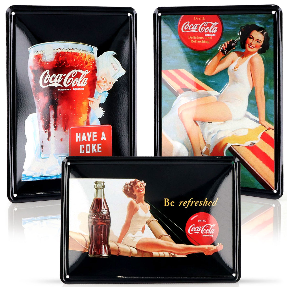 Set Coca Cola Fan Bundle II composto da 3 diverse targhette decorative in latta da appendere alla parete