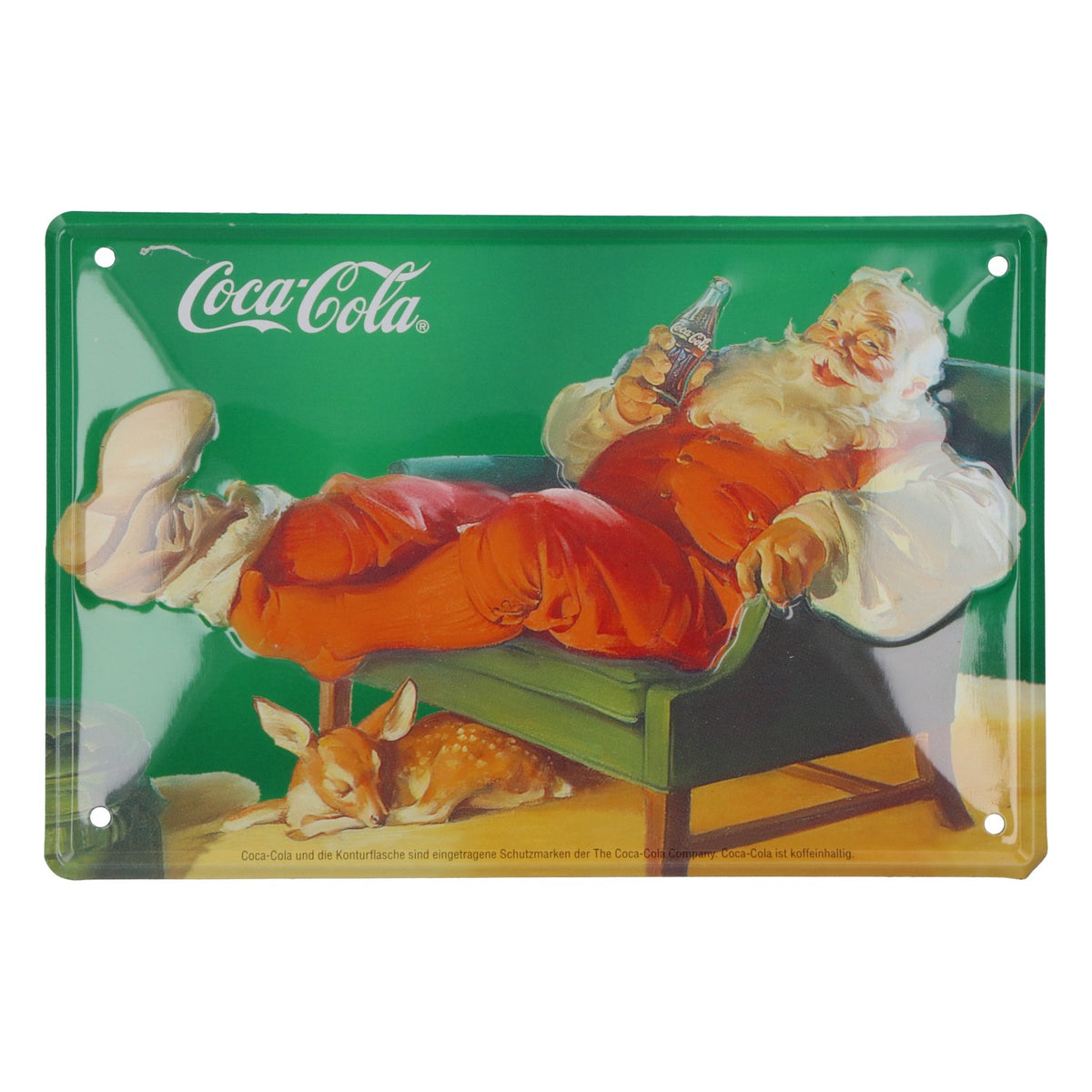Insegna in lamiera Coca-Cola con Babbo Natale sdraiato, 15x10 cm
