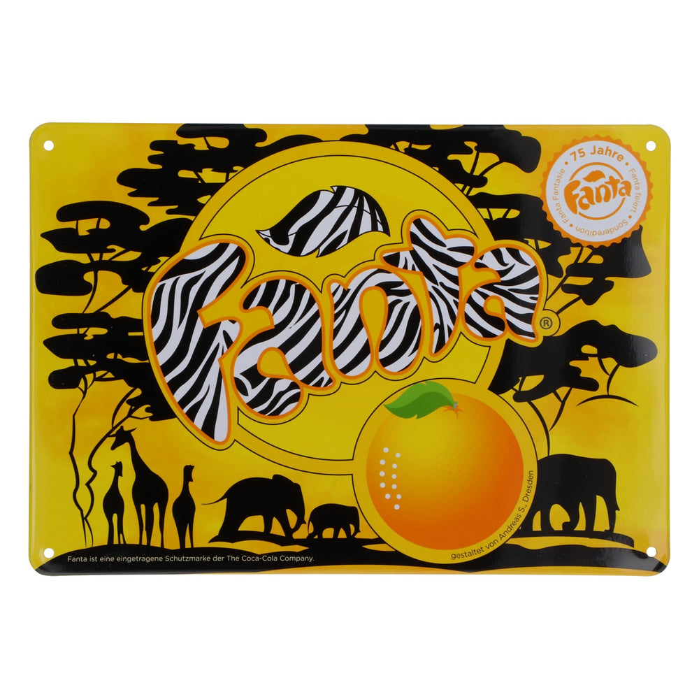 Insegna in lamiera decorativa da parete Coca-Cola Softdrink Fanta Safari 75 anni 21x15 cm