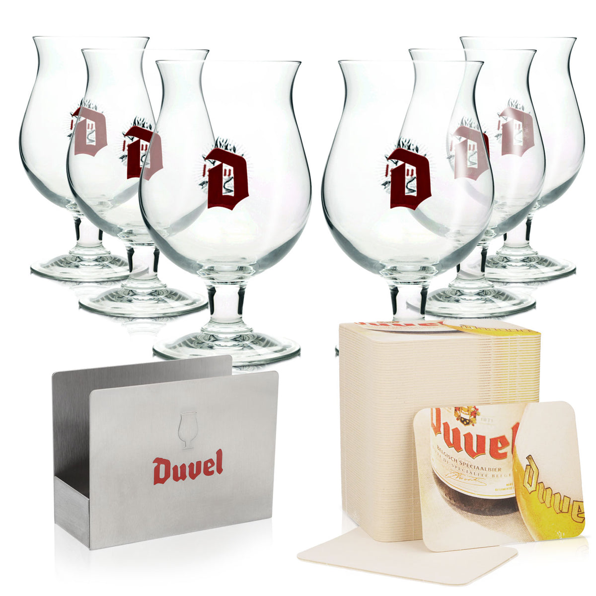 Duvel Beer Bar Bundle Set I composto da 6 bicchieri da birra da 0,33 l e 80 sottobicchieri con supporto