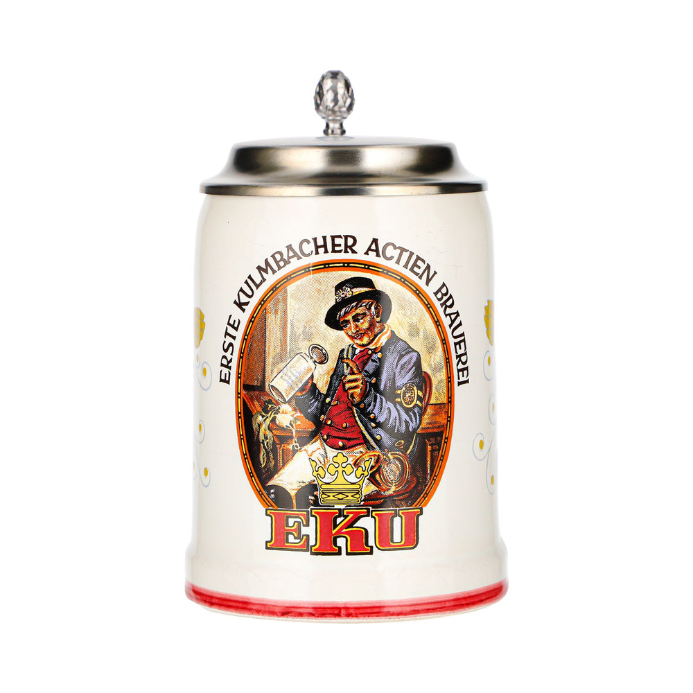 Boccale da birra Eku con coperchio in stagno, vetro, Erste Kulmbacher Actien Brauerei, ceramica