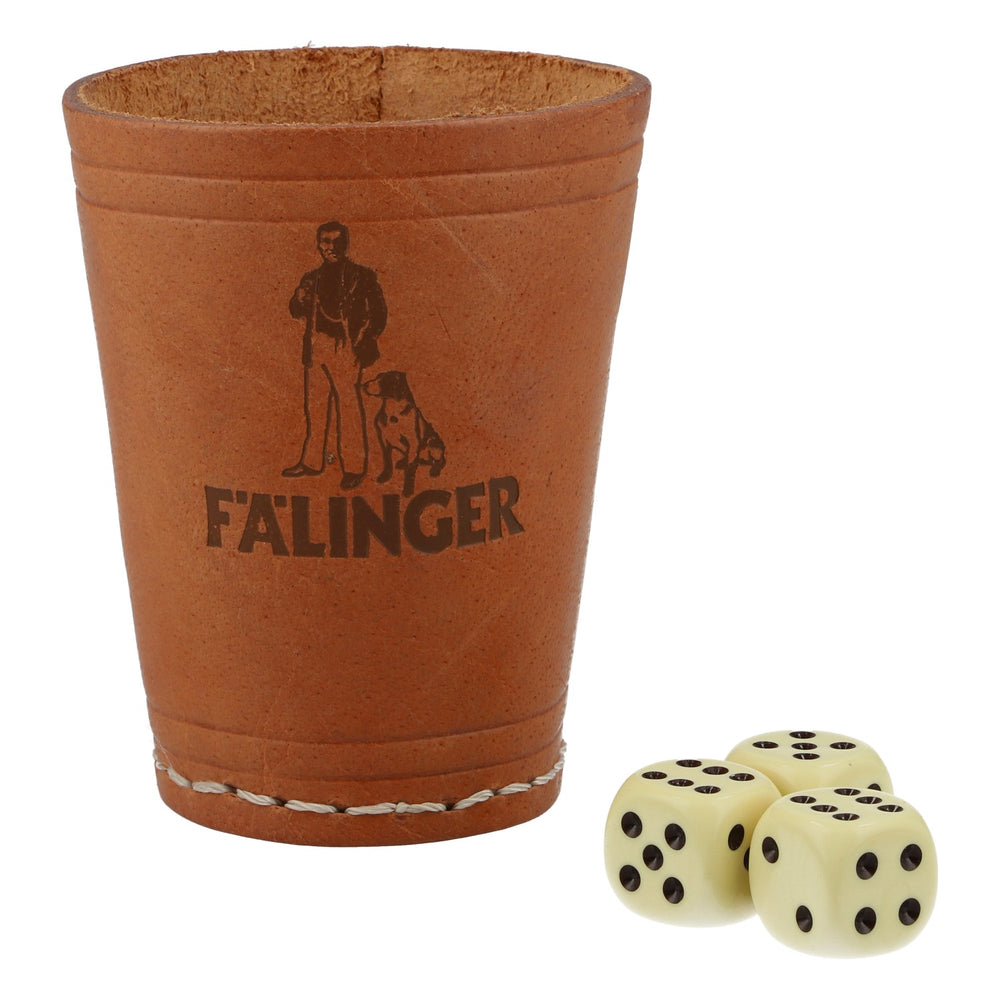 Fälinger Korn, bicchiere per dadi in pelle, 3 dadi, marrone, logo, 6,5 cm, gioco dei dadi
