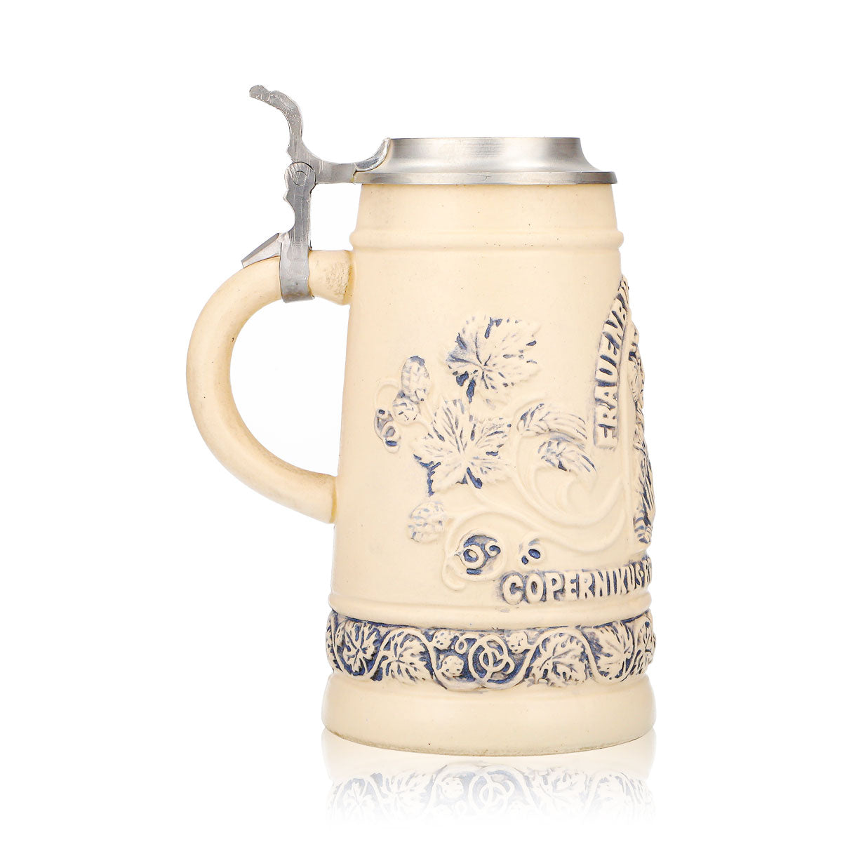 Bicchiere da birra "Mumme" di Frauenburg, boccale in terracotta da 0,74 l con coperchio in stagno e rilievo di Copernico in terracotta – Vista 3