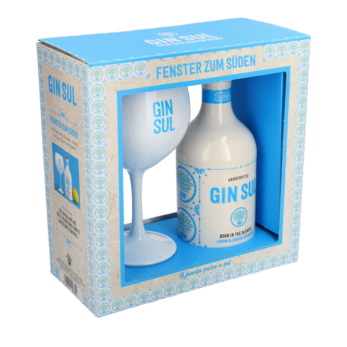 Set regalo Gin Sul "Fenster zum Süden" (Finestra sul sud) 0,5 l 43% vol. + 1 bicchiere Copa da 0,6 l