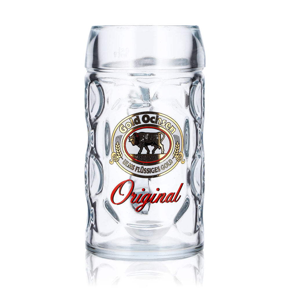 Bicchiere da birra Gold Ochsen da 0,5 l, forma a brocca, bianco con logo dorato