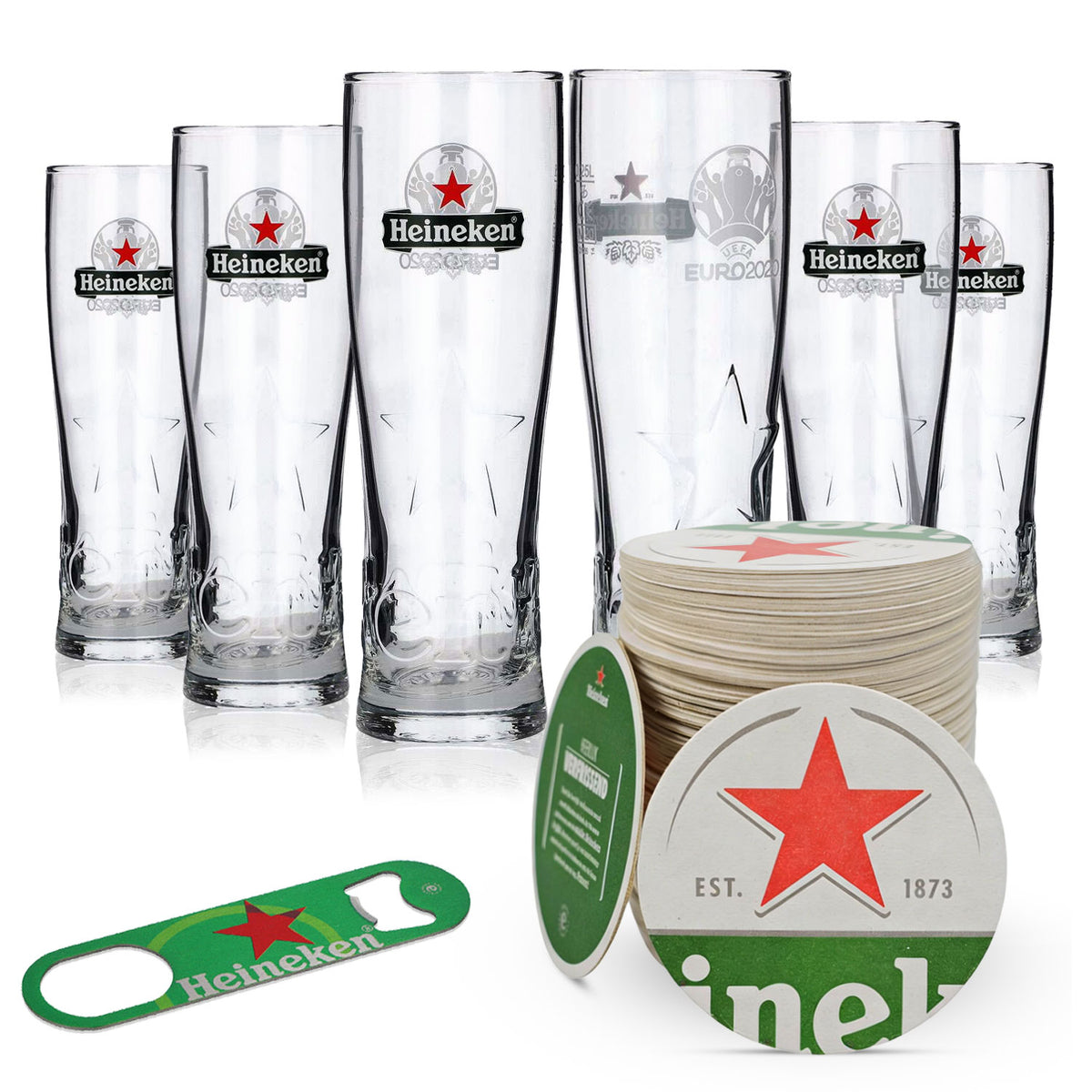 Set Heineken Beer Bar Bundle I composto da 6 bicchieri da birra da 0,25 l, 100 sottobicchieri e apribottiglie