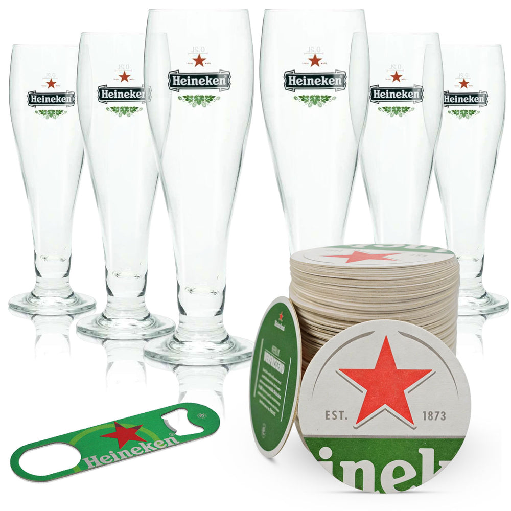 Heineken Beer Bar Bundle Set I composto da 6 bicchieri da birra da 0,2 l, 100 sottobicchieri e apribottiglie