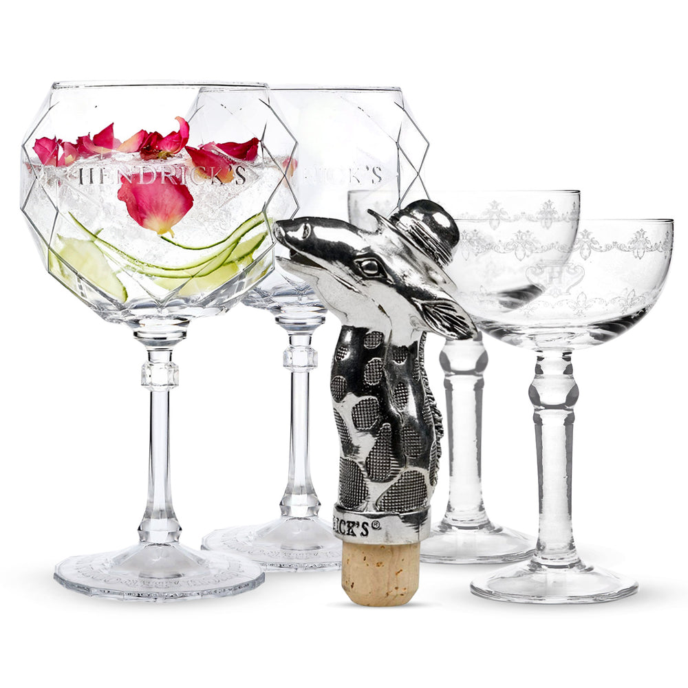 Hendricks Gin Bar Bundle Set I composto da 2 bicchieri a palloncino, 2 bicchieri a calice e versatore in metallo