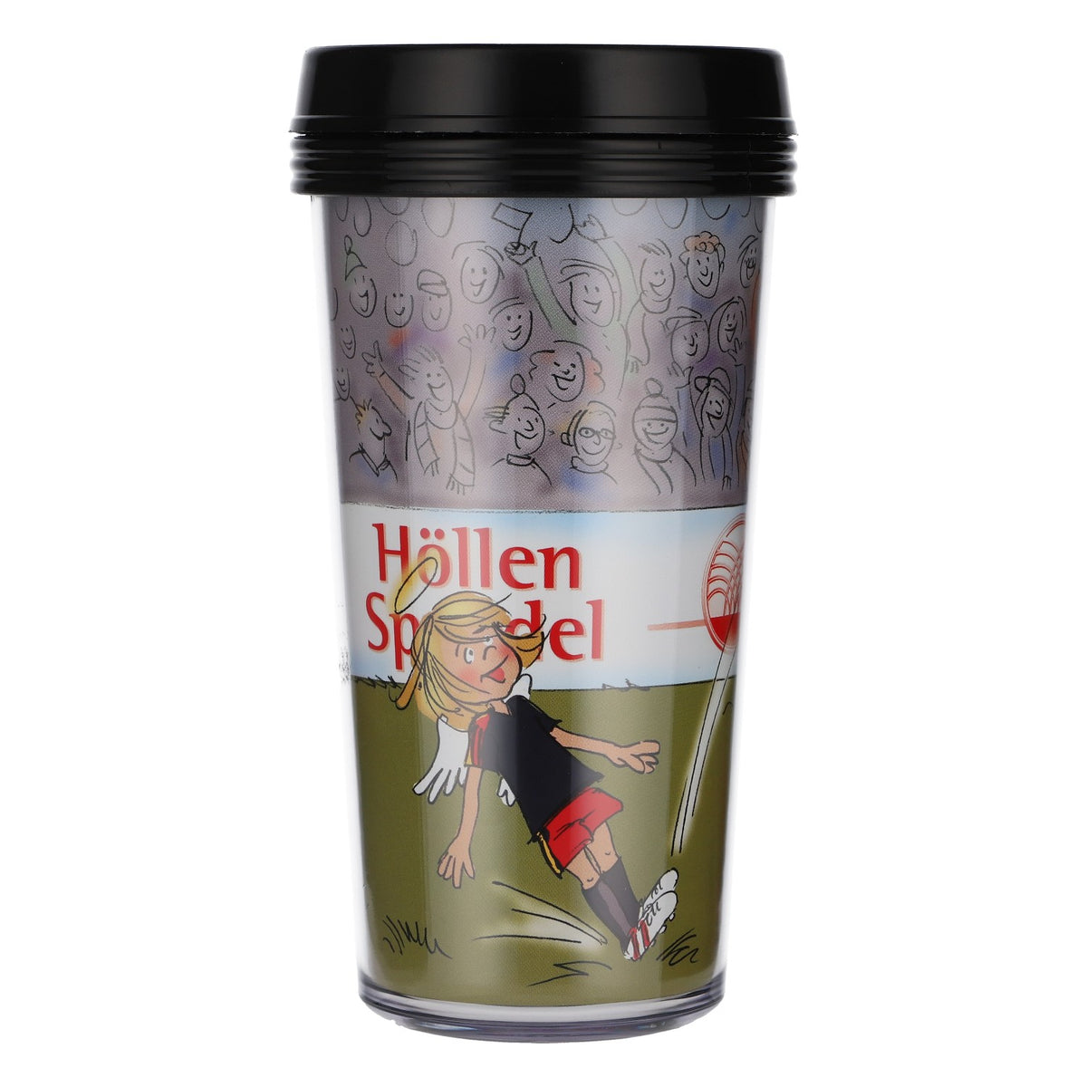 Bicchiere termico con coperchio "Höllensprudel" da 0,5 l, riutilizzabile, con motivo calcistico