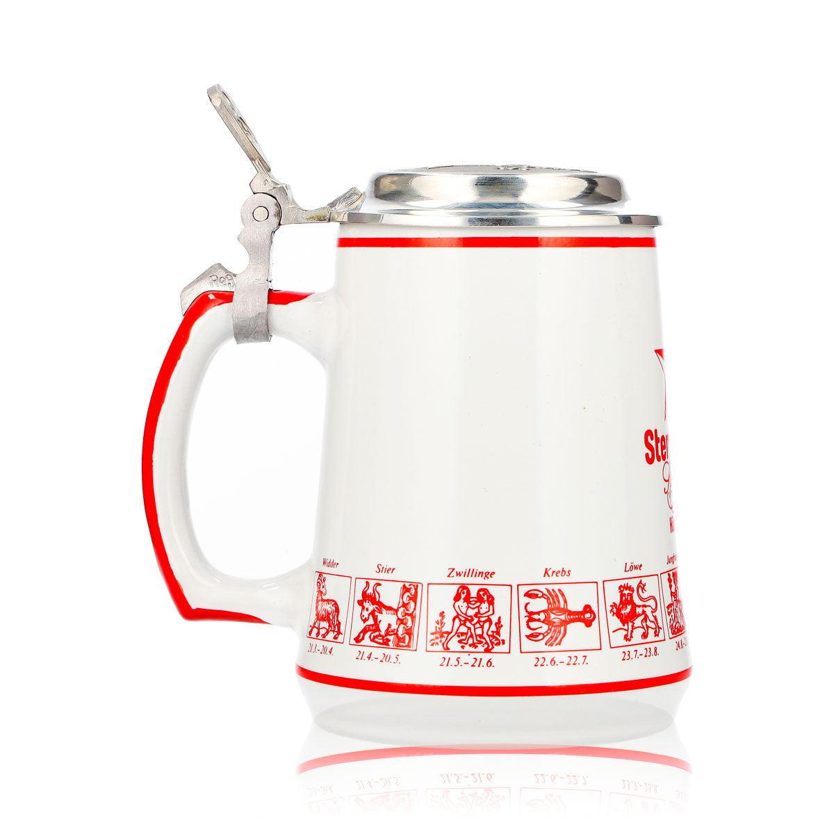 Bicchiere da birra Hürlimann Sternbräu, boccale in terracotta da 0,62 l con coperchio in stagno e segno zodiacale in rilievo – Vista 3