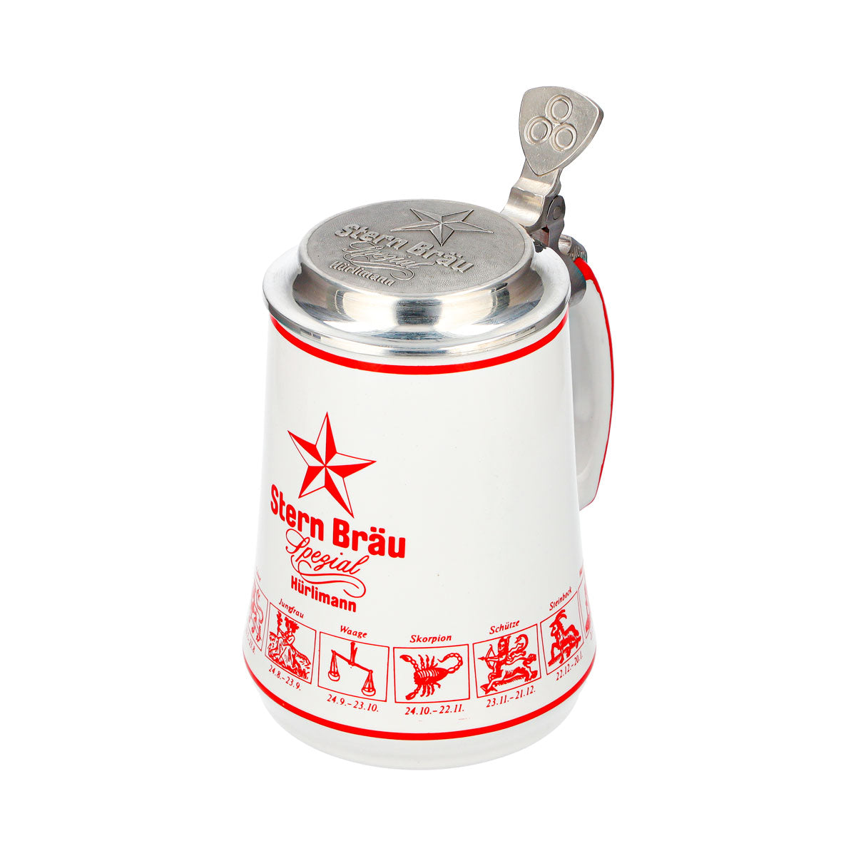Bicchiere da birra Hürlimann Sternbräu, boccale in terracotta da 0,62 l con coperchio in stagno e segno zodiacale in rilievo – Vista 6