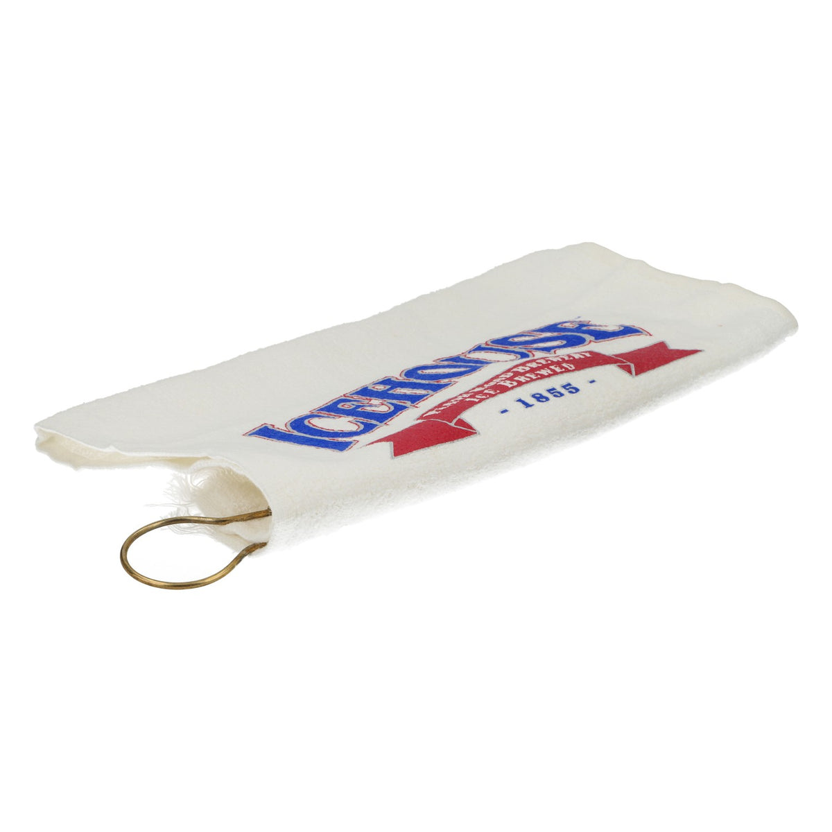 Asciugamano da golf Icehouse con logo della birra e moschettone, cotone bianco, originale, 43x28 cm