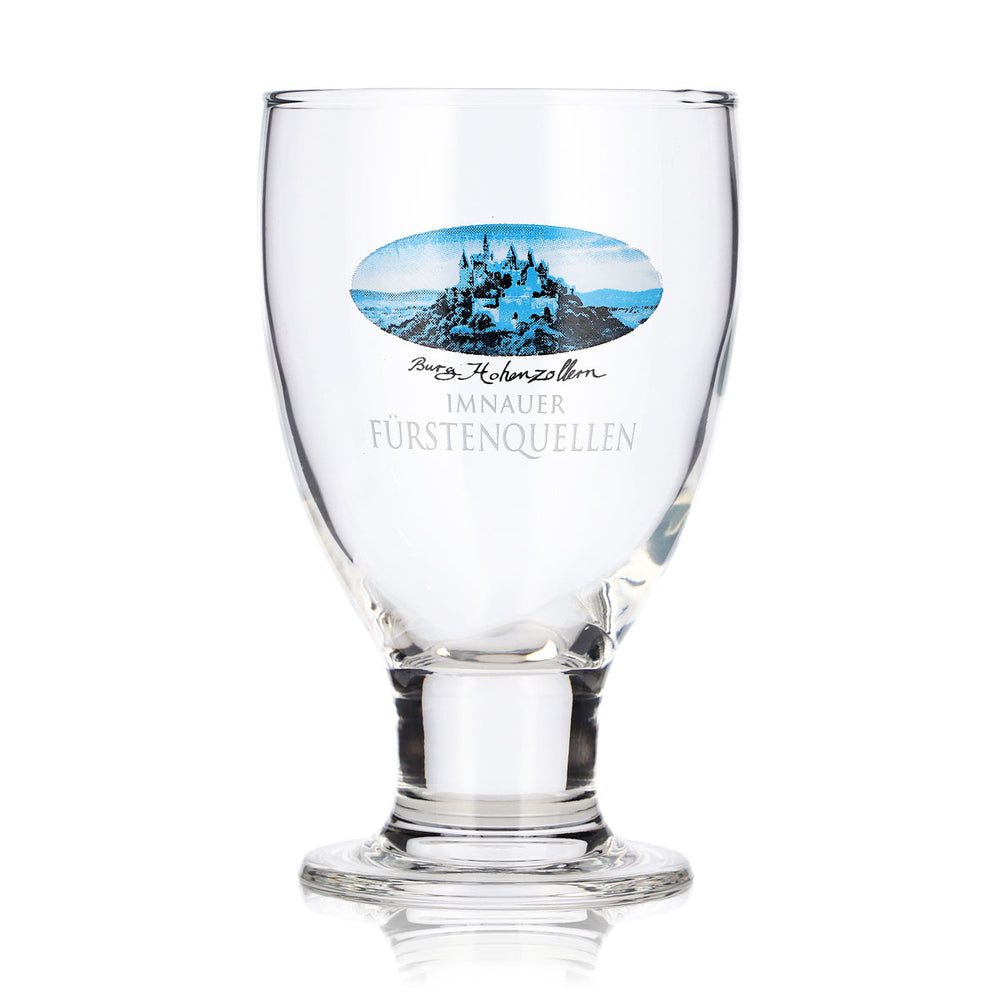 Acqua "Fürstenquellen" di Imnau, bottiglia da 0,26 l, forma a tulipano; bicchiere da birra del Castello di Hohenzollern