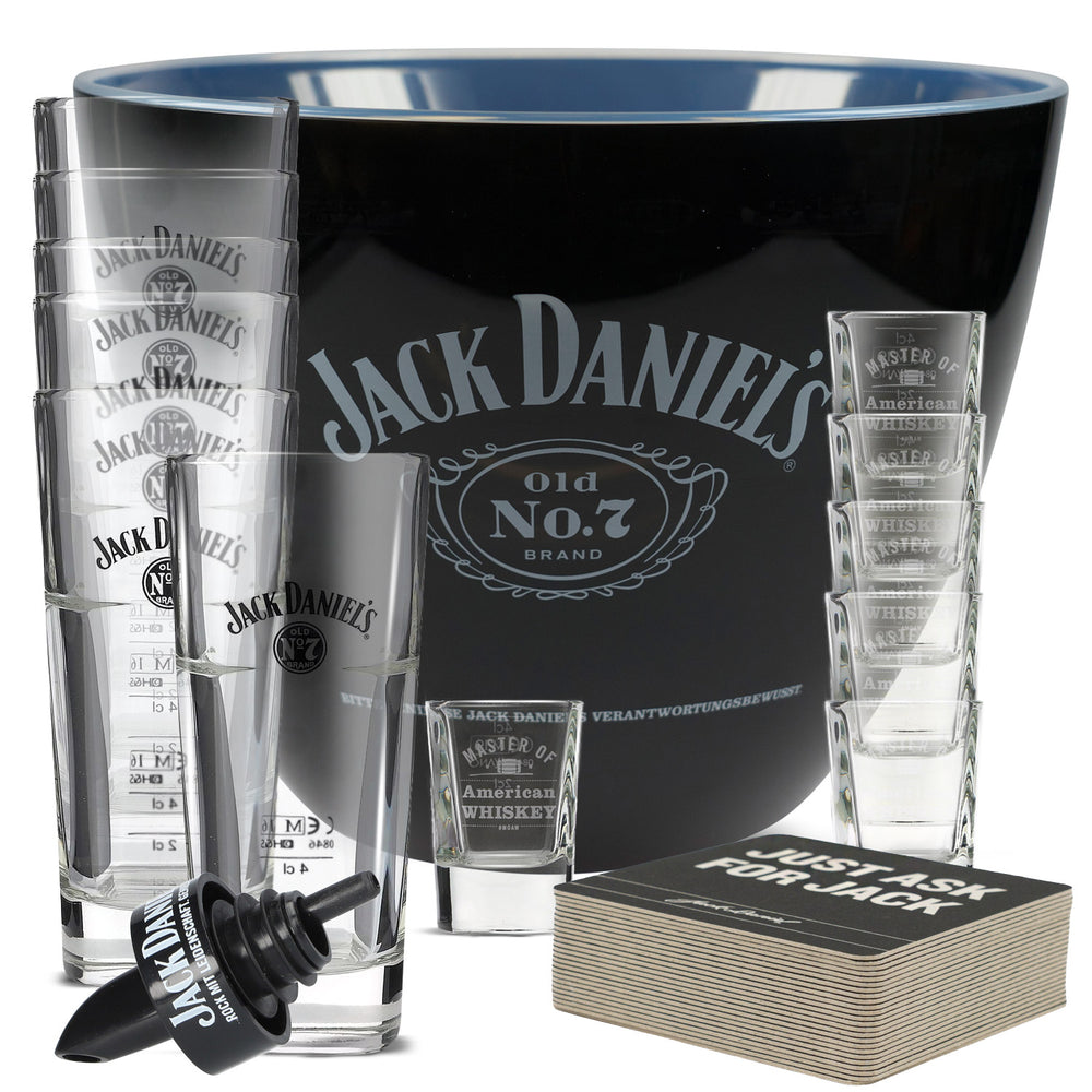 Jack Daniels Bar Bundle Set II composto da 6 bicchieri da long drink, 6 bicchierini da liquore, versatore e raffreddatore