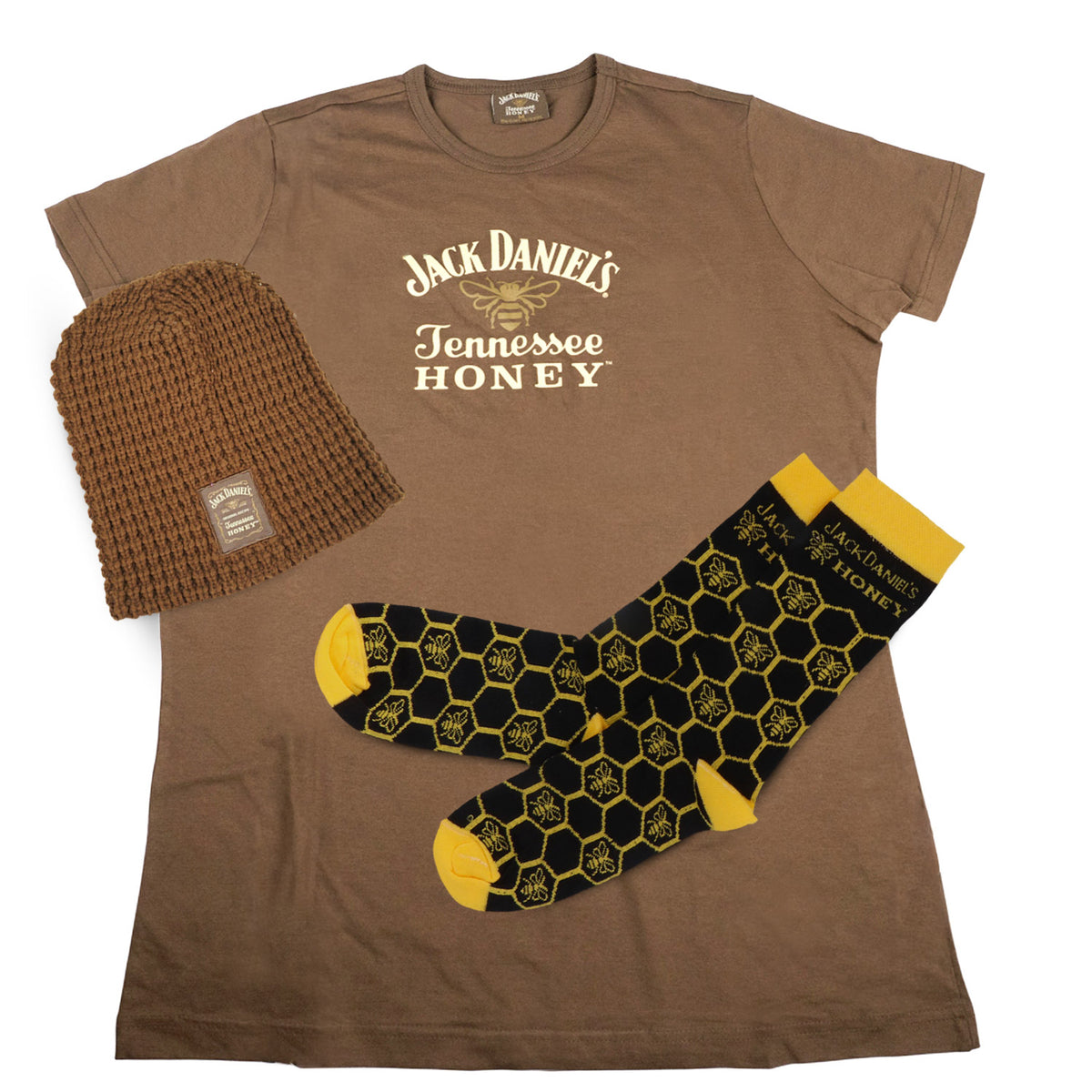 Jack Daniels Fan Bundle Set II composto da berretto di lana color miele, maglietta per fan e calzini