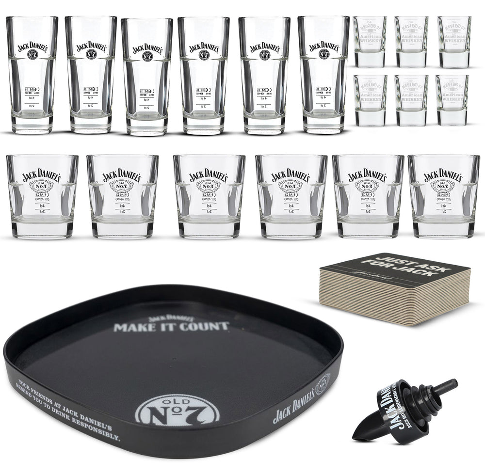 Jack Daniels Party Bundle Set composto da bicchierino in vetro LD, bicchiere tumbler, vassoio e versatore