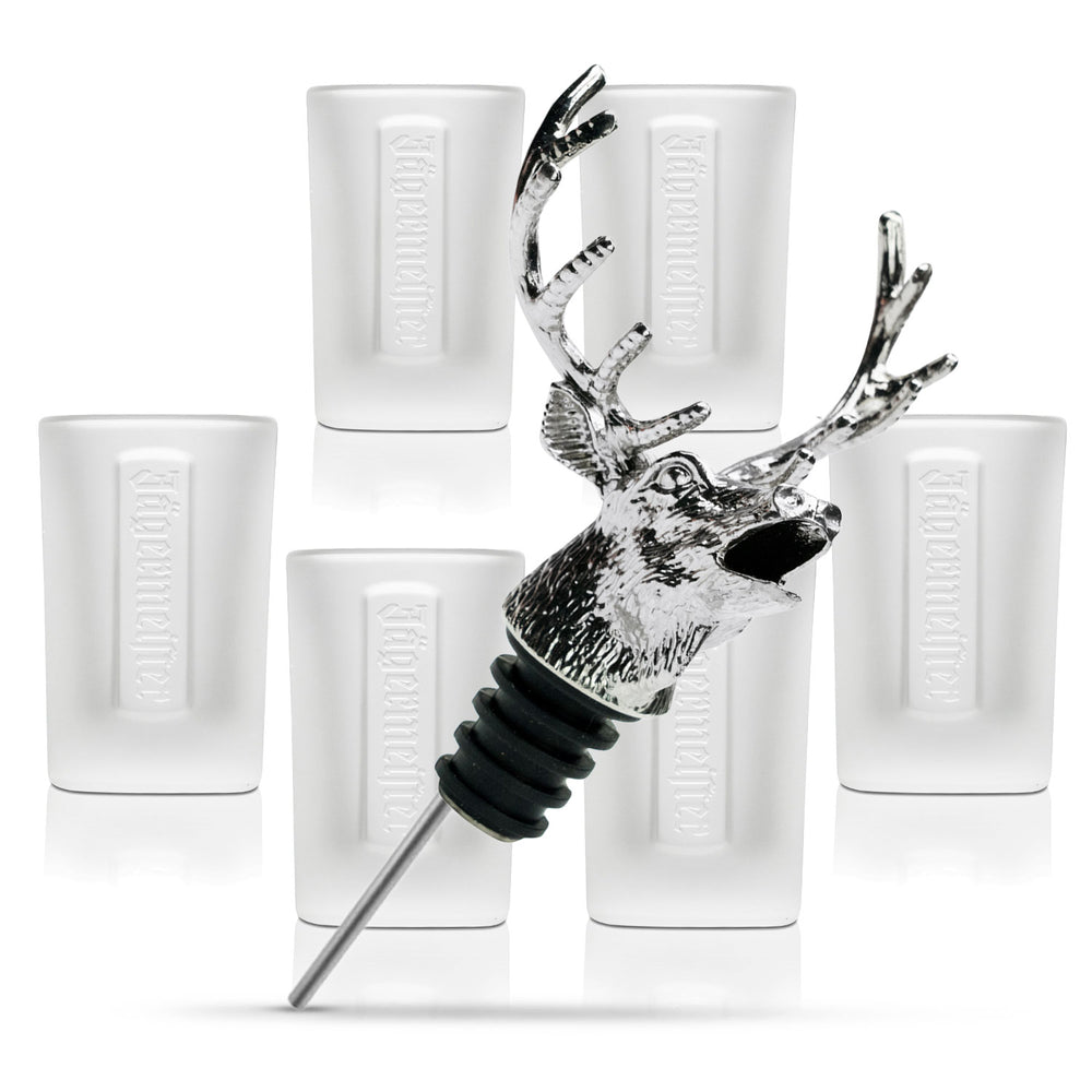 Jägermeister Bar Bundle Set I composto da 6 bicchierini da 2 cl con versatore in metallo a forma di testa di cervo