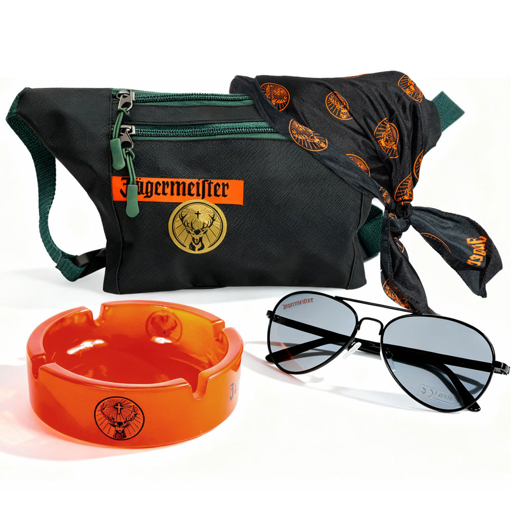 Jägermeister Set tempo libero II composto da posacenere, marsupio, occhiali e bandana