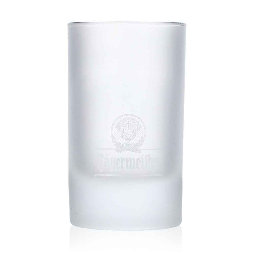Bicchierino da liquore Jägermeister da 2 cl/4 cl, effetto smerigliato, logo bianco, scritta in caratteri grandi