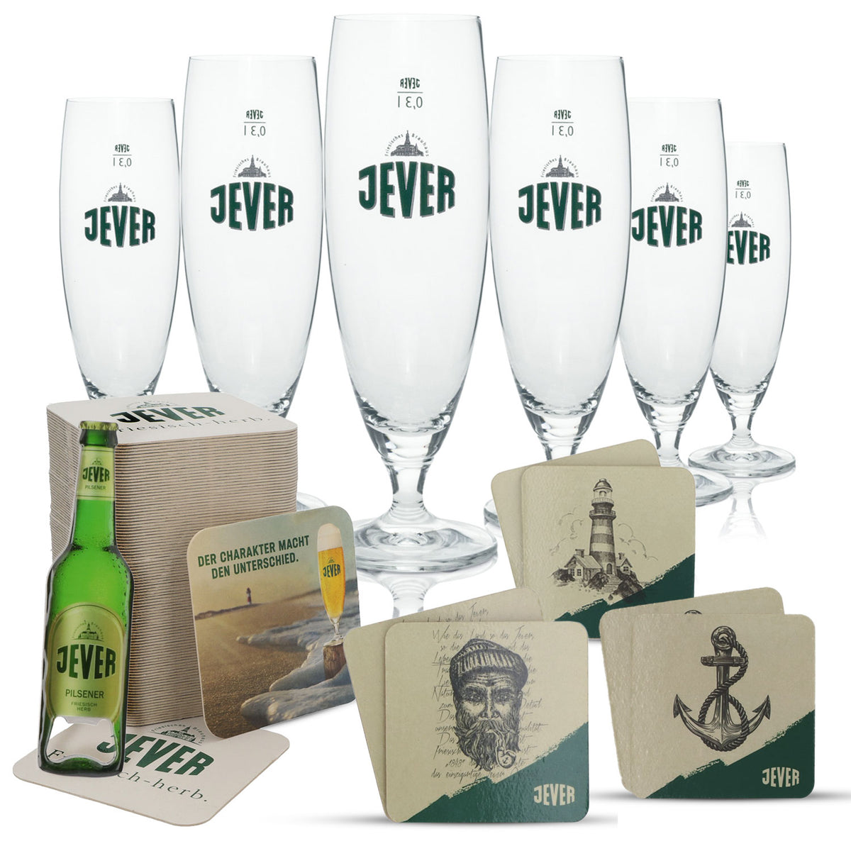 Set Jever Bier Bar composto da bicchieri a calice, set di apribottiglie e sottobicchieri