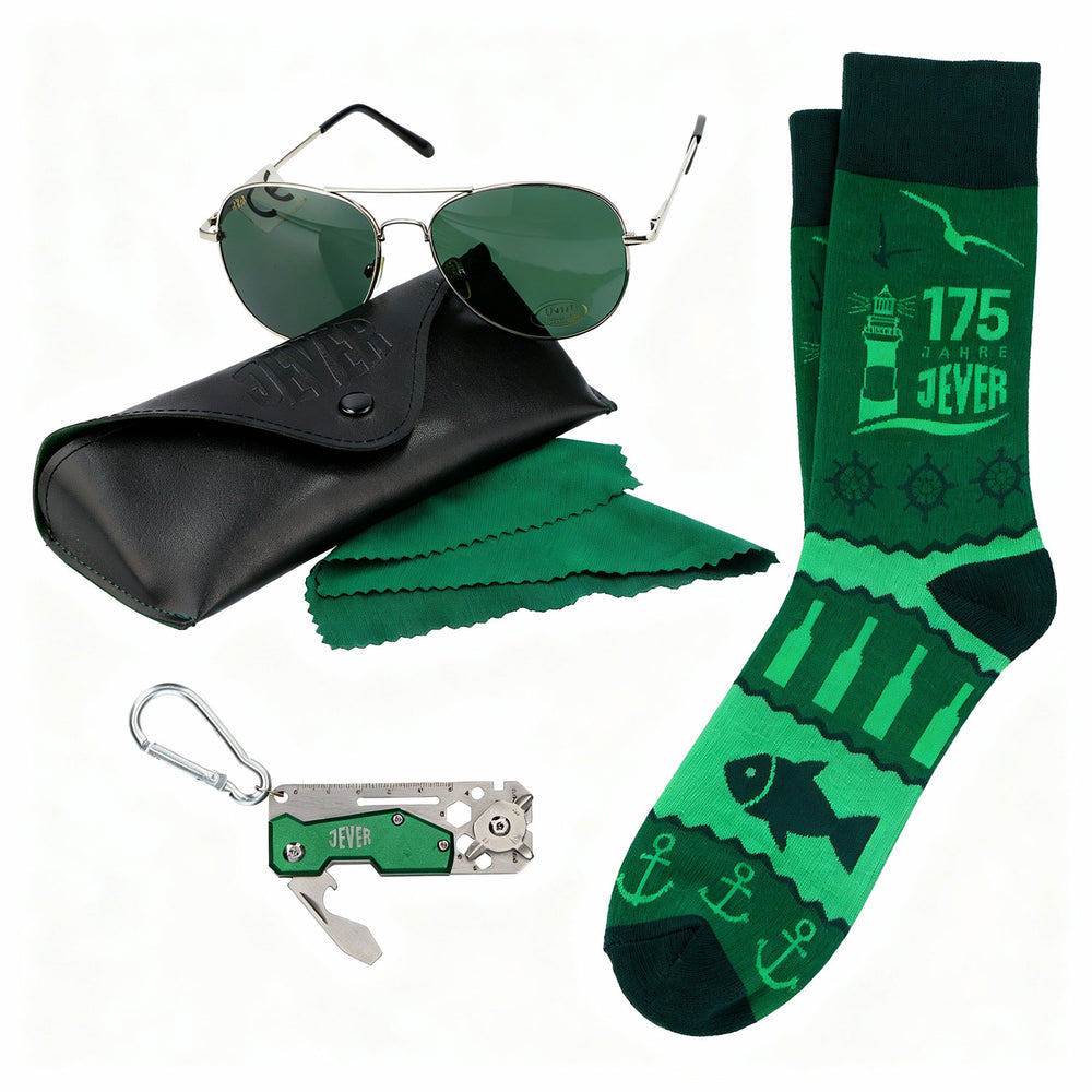 Set Jever Bier Freizeit composto da occhiali da sole, calzini e multiutensile / regalo