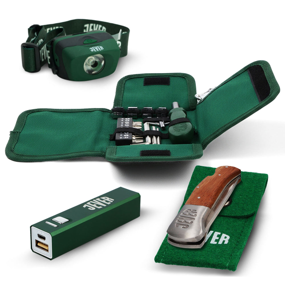 Set da esterno Jever Bier composto da lampada frontale, utensili, coltellino tascabile ecc.