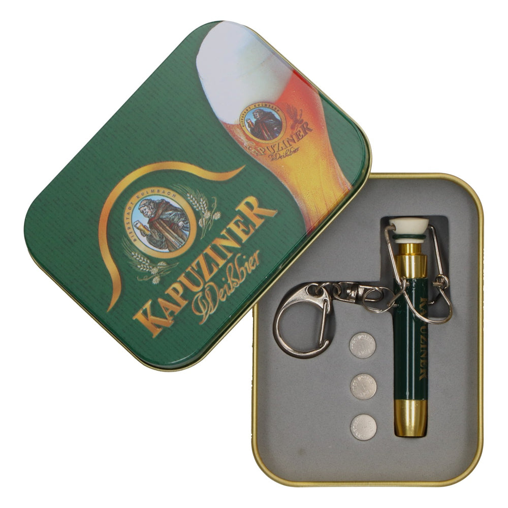 Portachiavi con birra Kapuziner e torcia LED verde in barattolo di latta