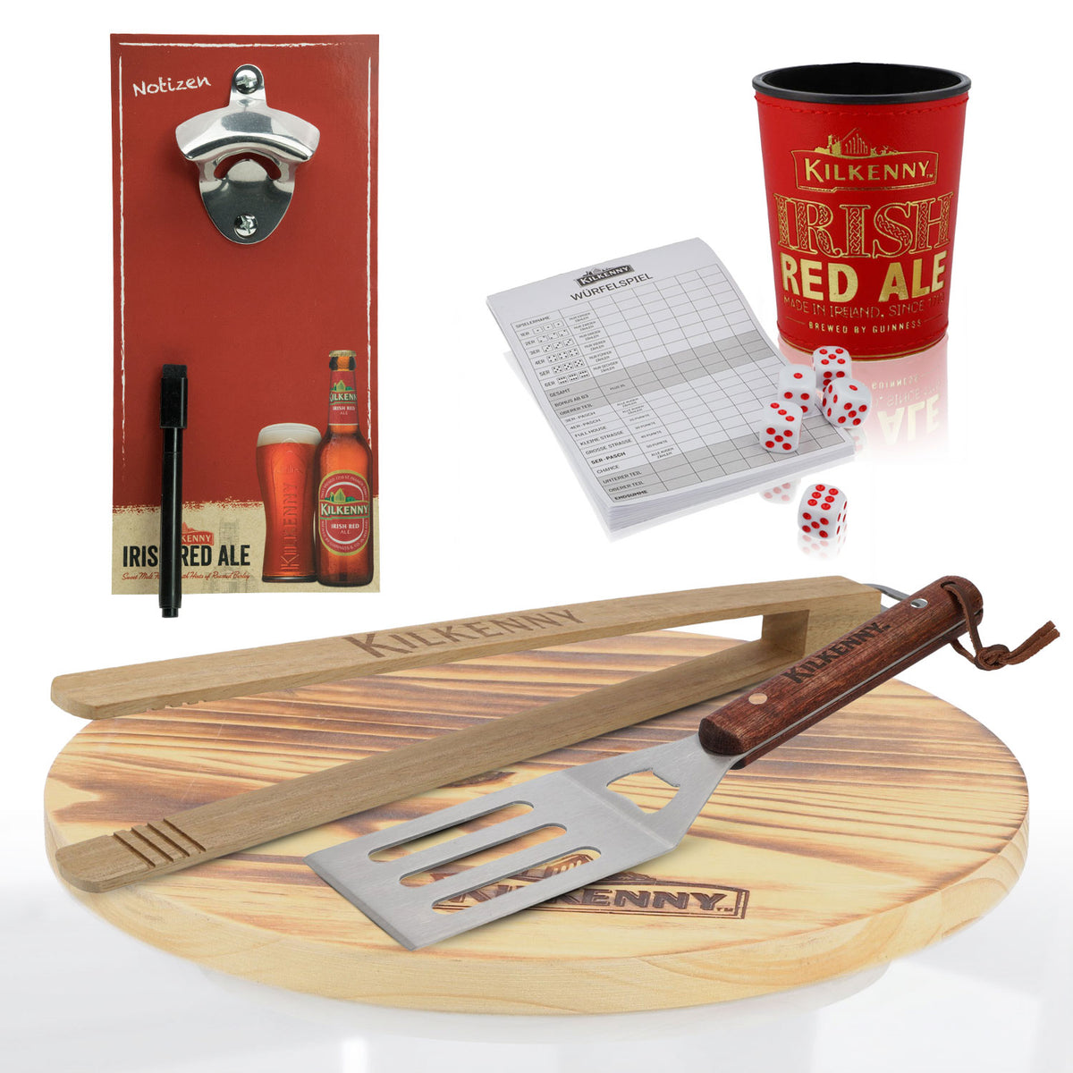 Kilkenny Birra Pacchetto tempo libero Set composto da apribottiglie, tagliere in legno, gioco dei dadi, barbecue