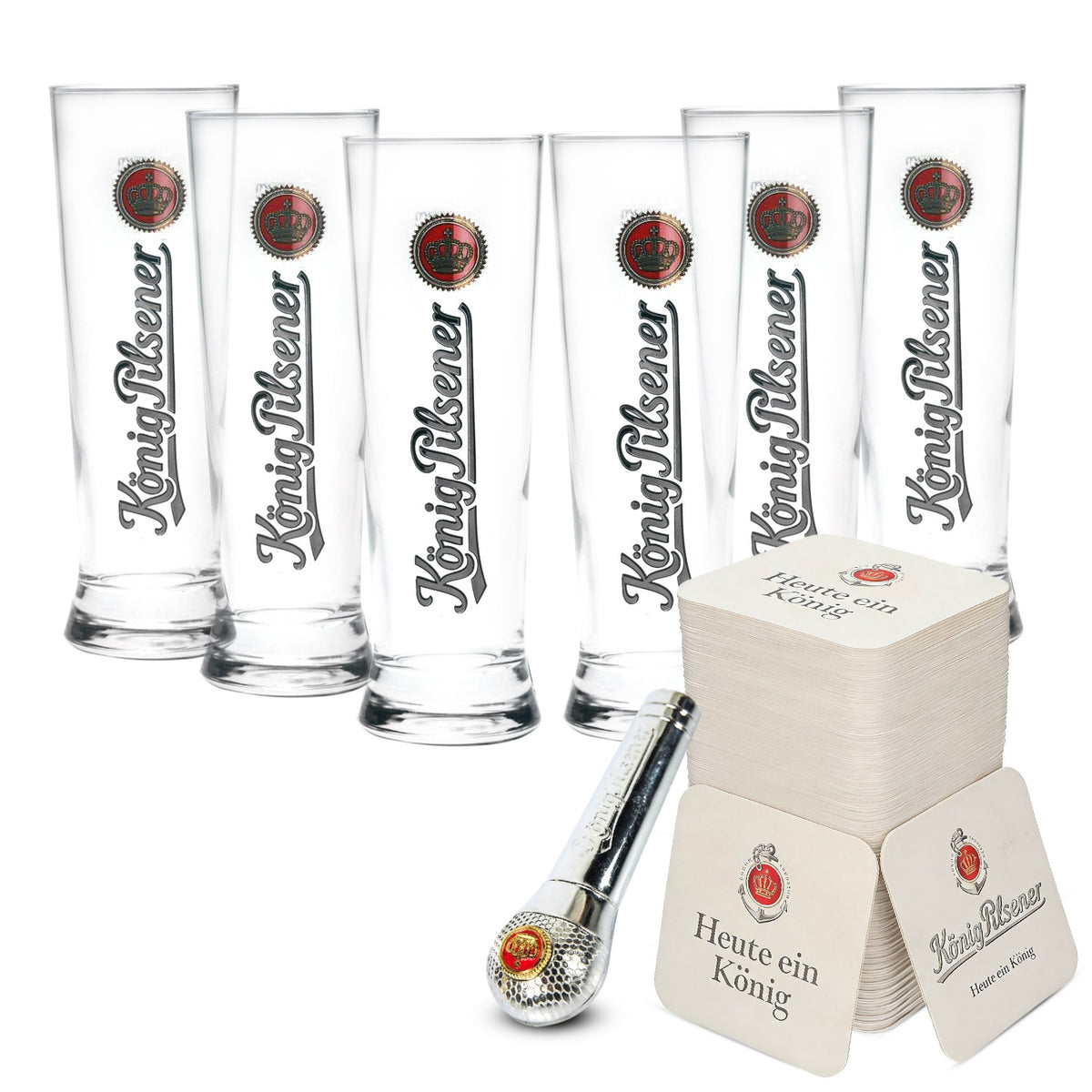 Set da bar König Pilsener I composto da 6 bicchieri a calice, 100 sottobicchieri e 1 apribottiglie