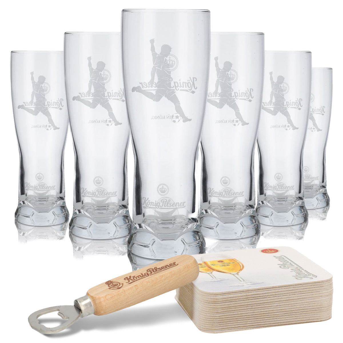 Set da bar König Pilsener II composto da 6 bicchieri da birra, 120 sottobicchieri e 1 apribottiglie